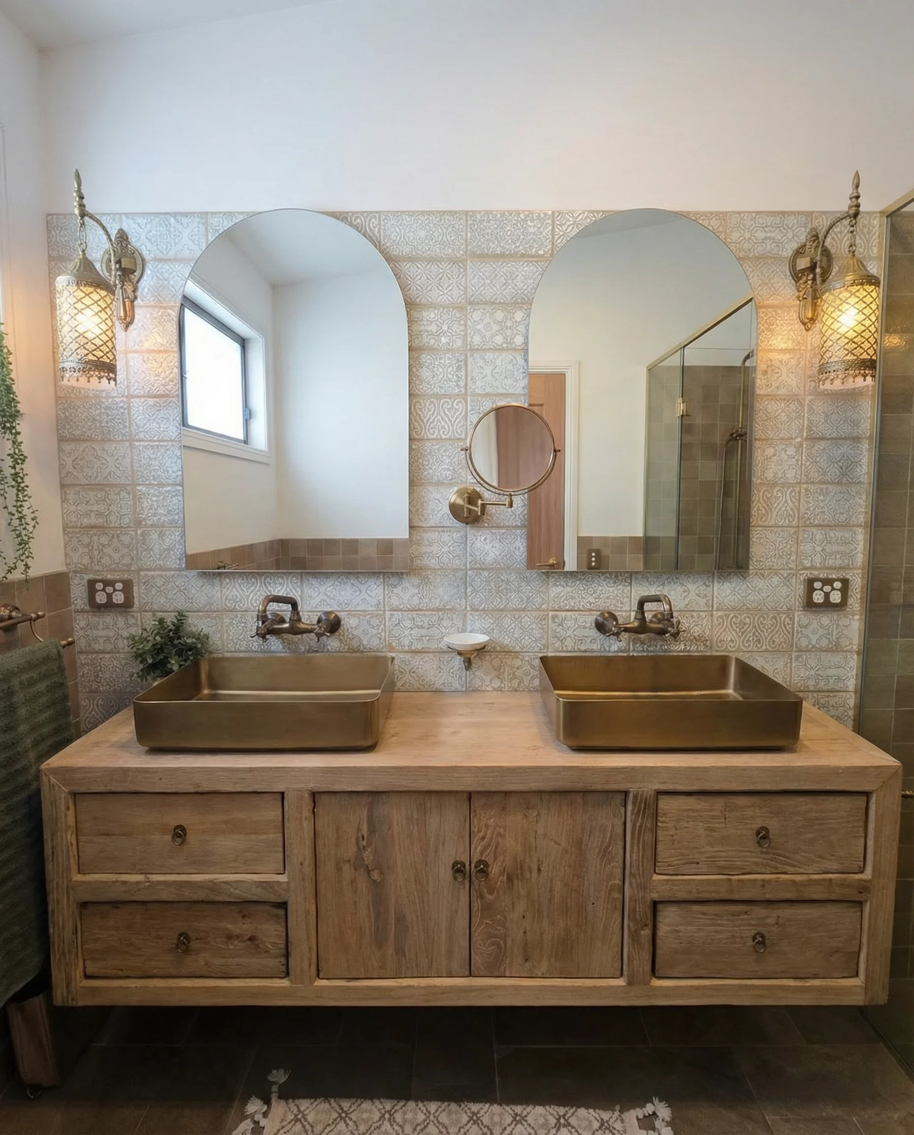 Rustic double vanity with natural timber finish