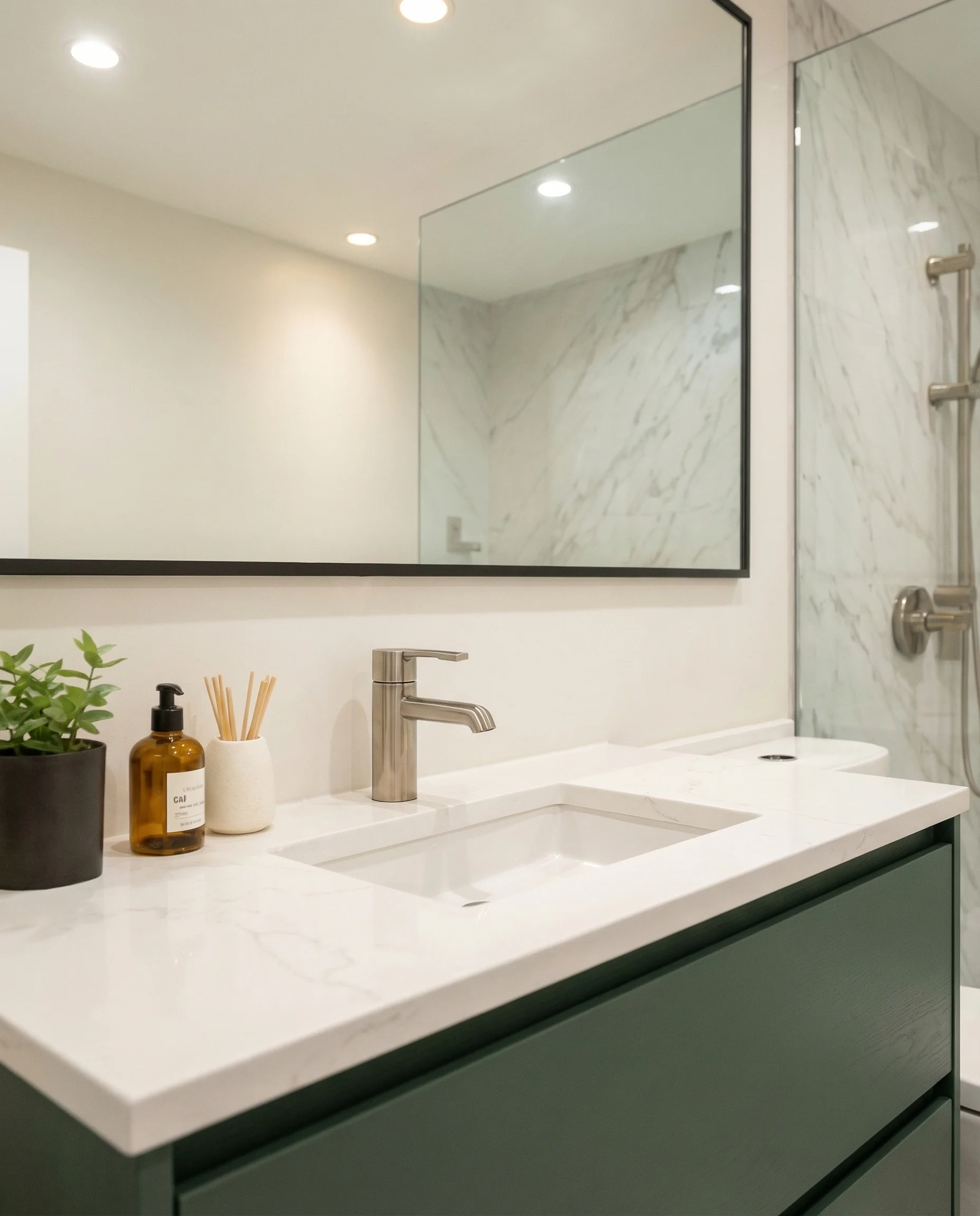 Modern bathroom vanity with green finish and matte chrome tapware