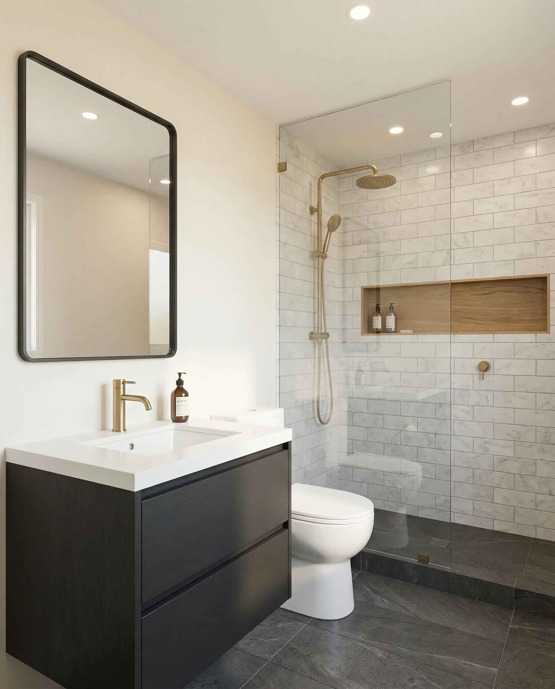 Dark vanity with brass tapware and feature tiling