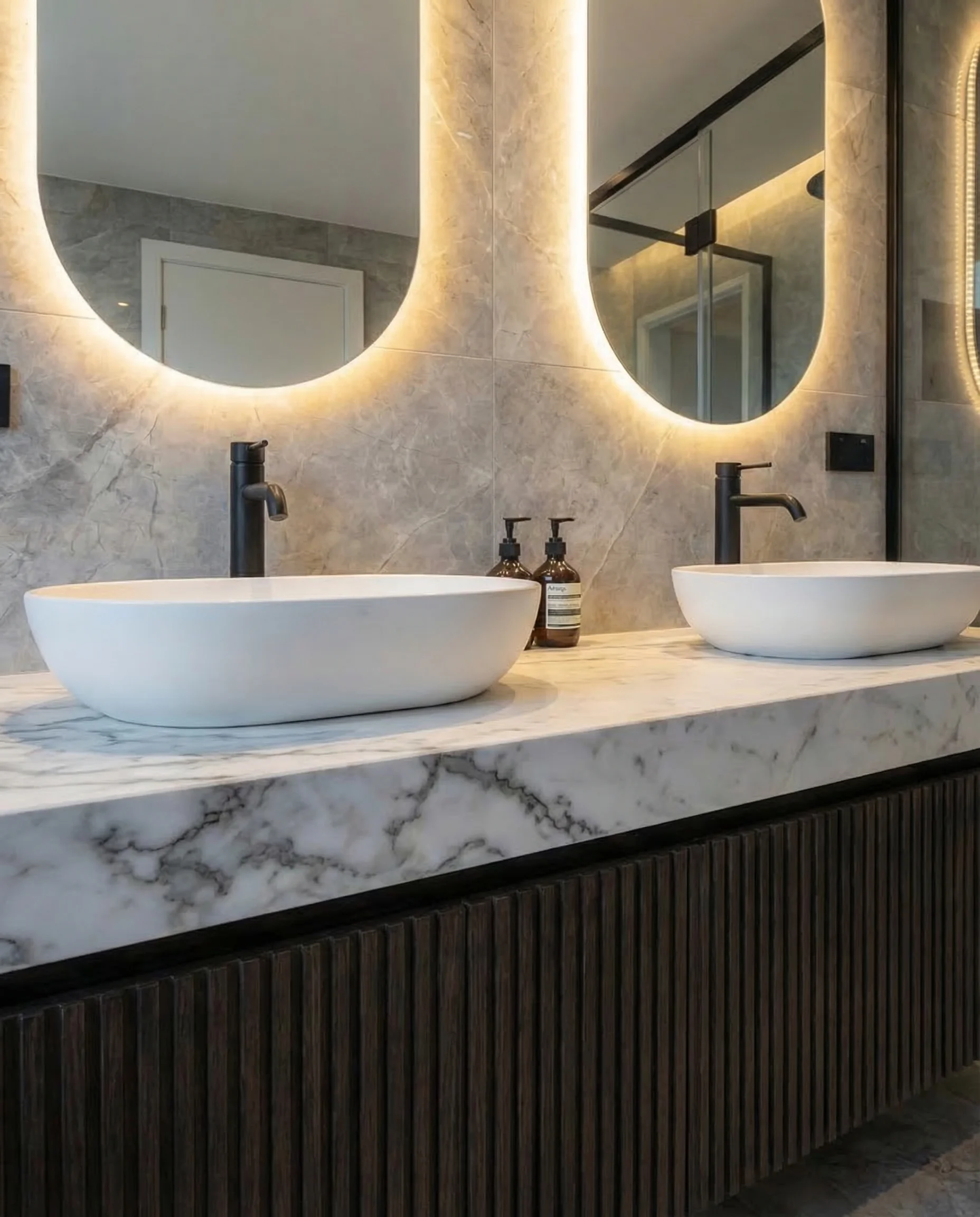 Marble benchtop with backlit mirror cabinet and modern lighting
