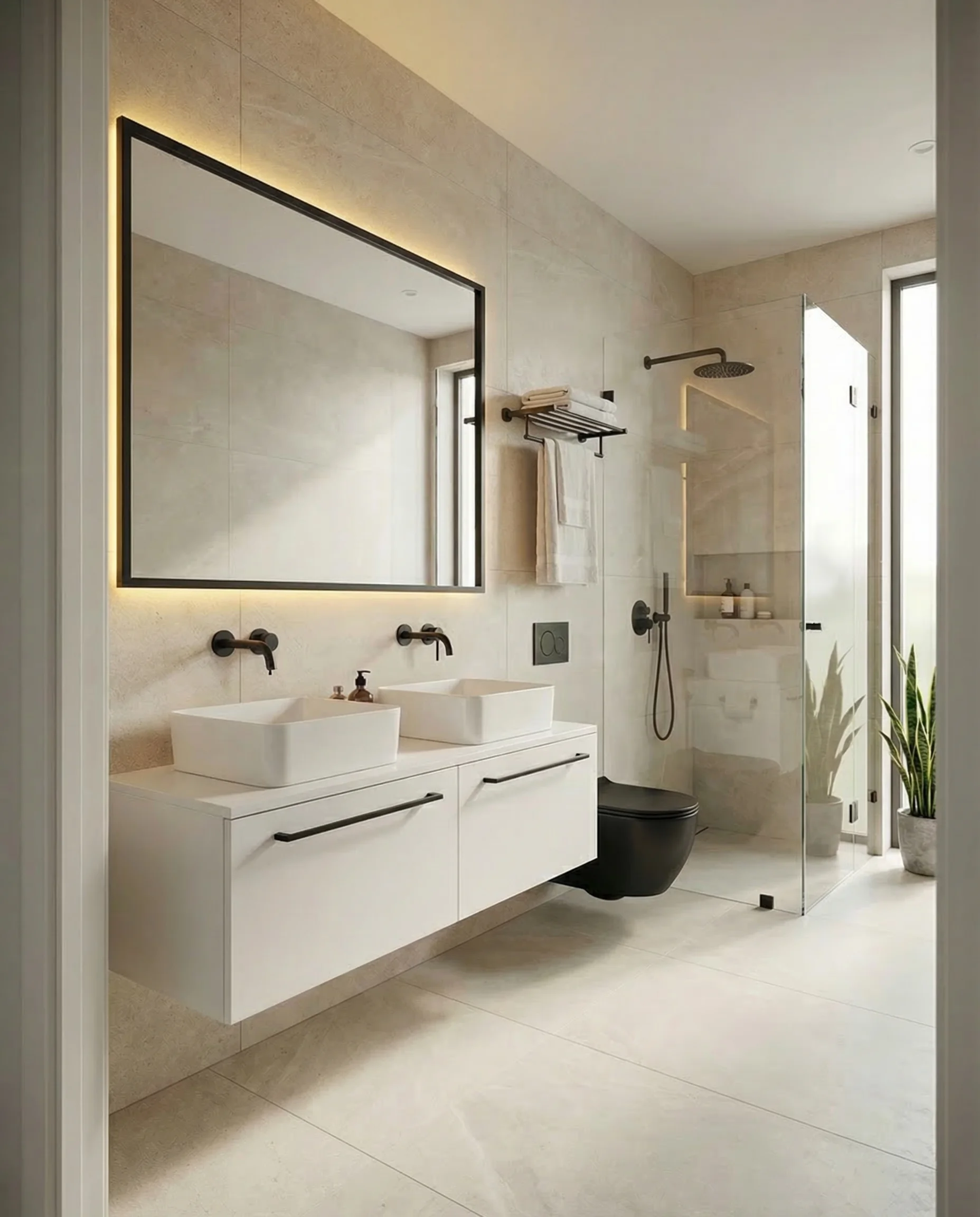 Freestanding bath with feature tile wall and spa lighting